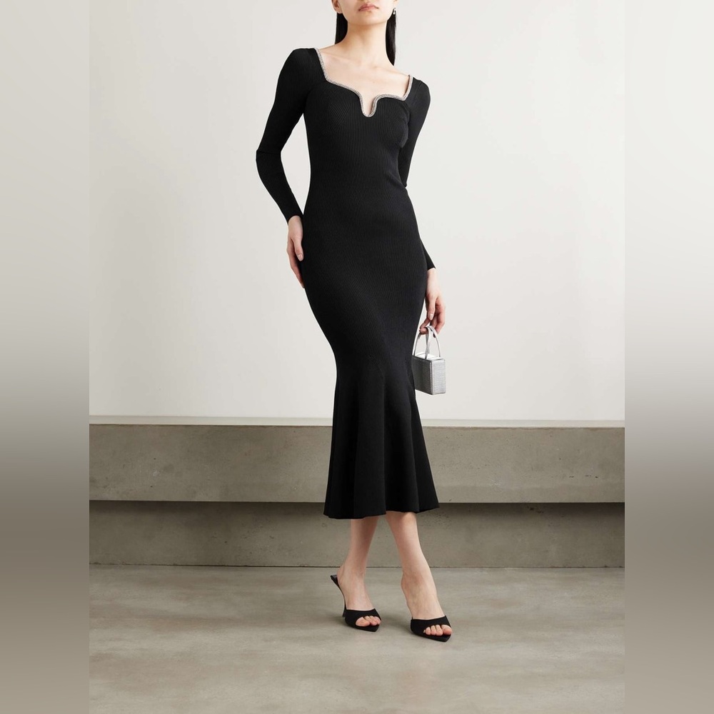 NWT Self-Portrait Black Diamante Embellished Rib Knit Midi Dress